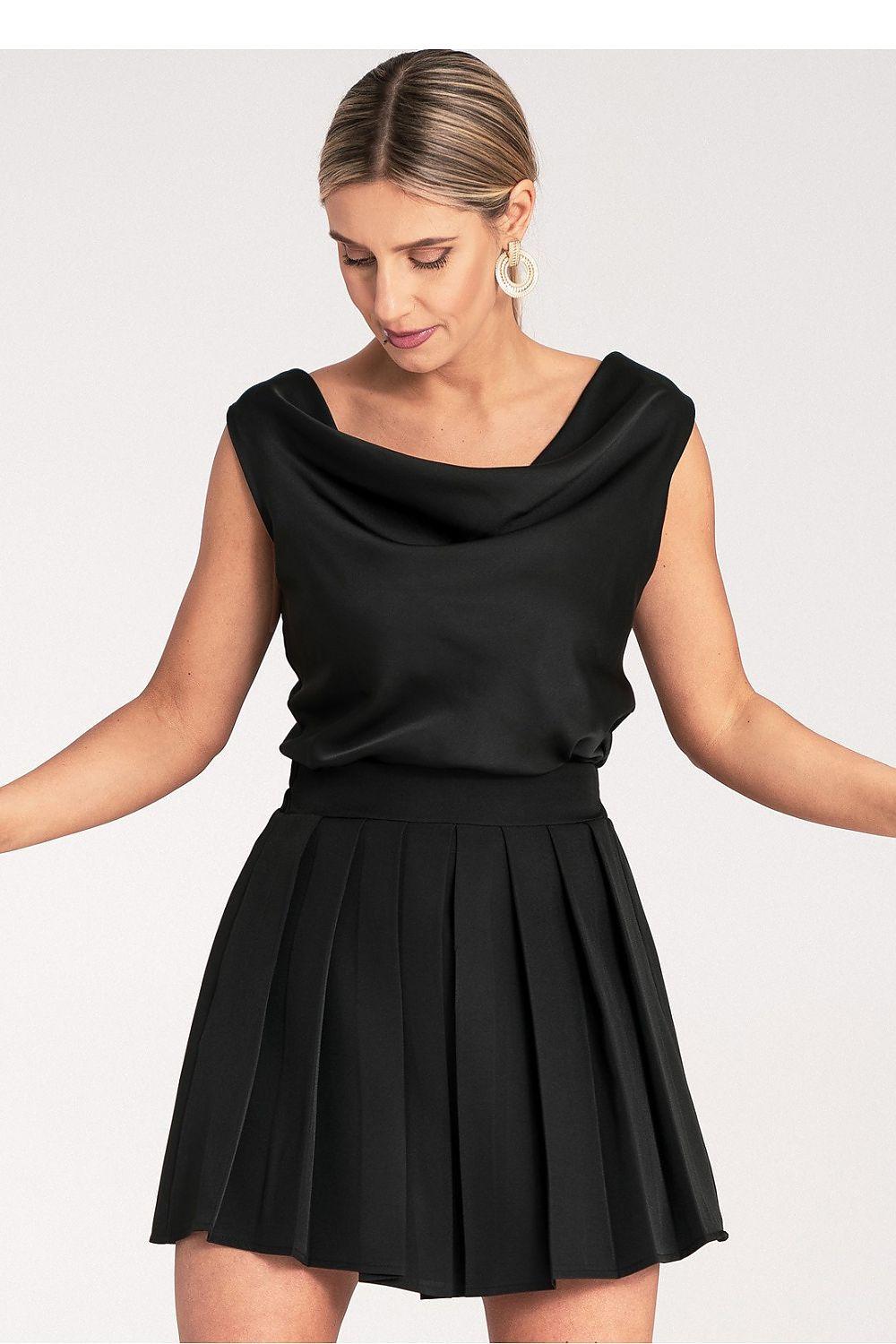 Black pleated short skirt with gathered waistband, A-line flare