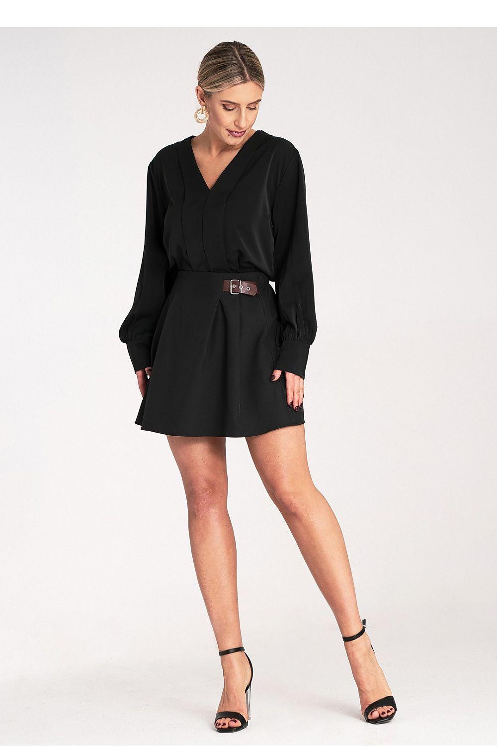 Figl short skirt, black pleated mini with attached belt and buckle, front 3/4 view