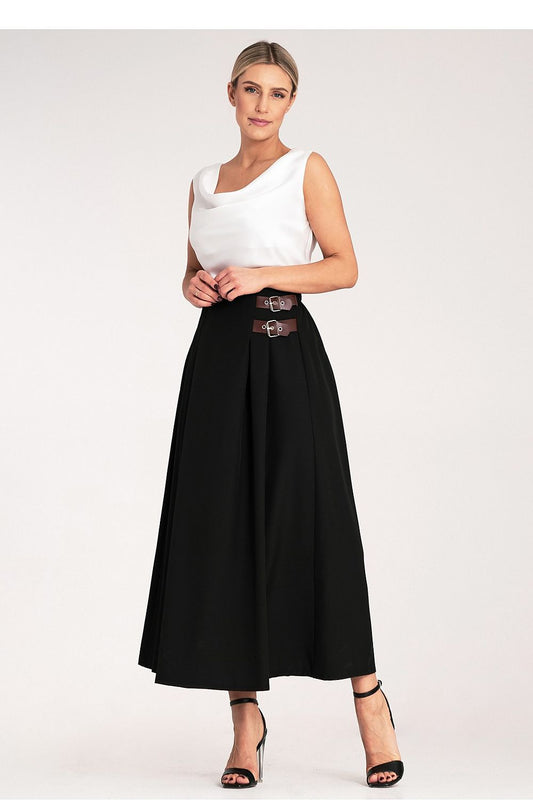 Black midi pleated skirt with front buckle straps and belted waist