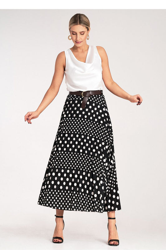 Pleated high-waist midi skirt, black with white polka dots