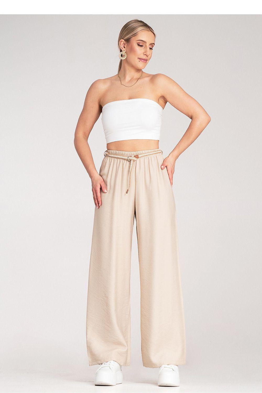 Figl women’s trousers, beige wide-leg with elastic drawstring waist