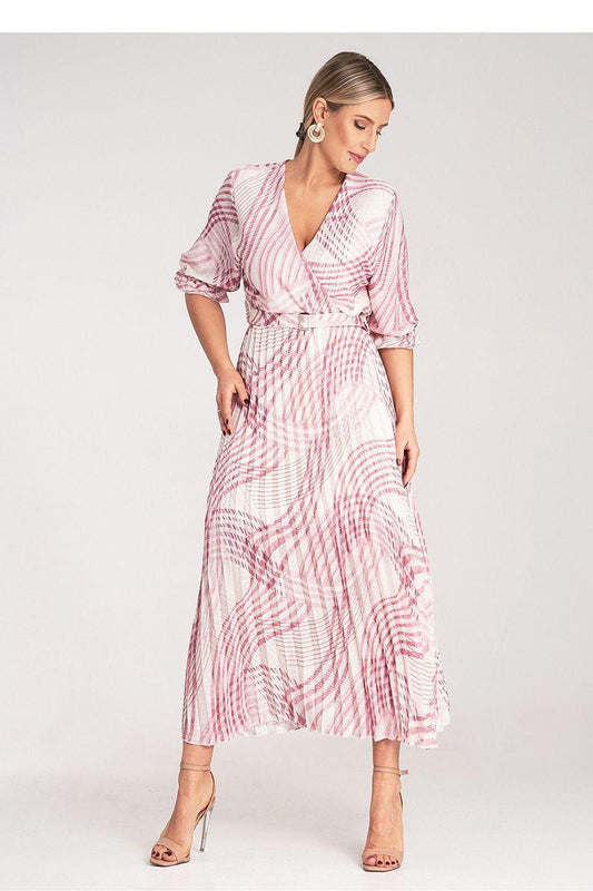 Figl daydress, pink-and-white patterned midi with V-neck and belted waist