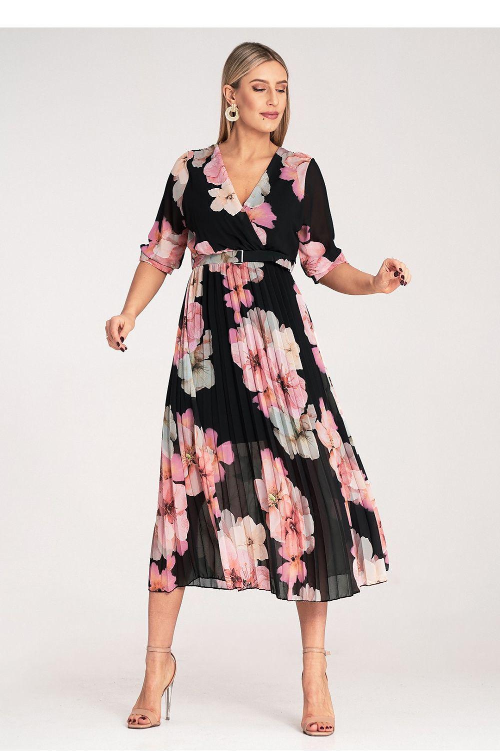 Black floral midi daydress with V-neck, waist tie, pleated skirt, 3/4 sleeves