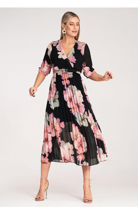 Floral midi day dress with V-neck, three-quarter sleeves, black base and pink print