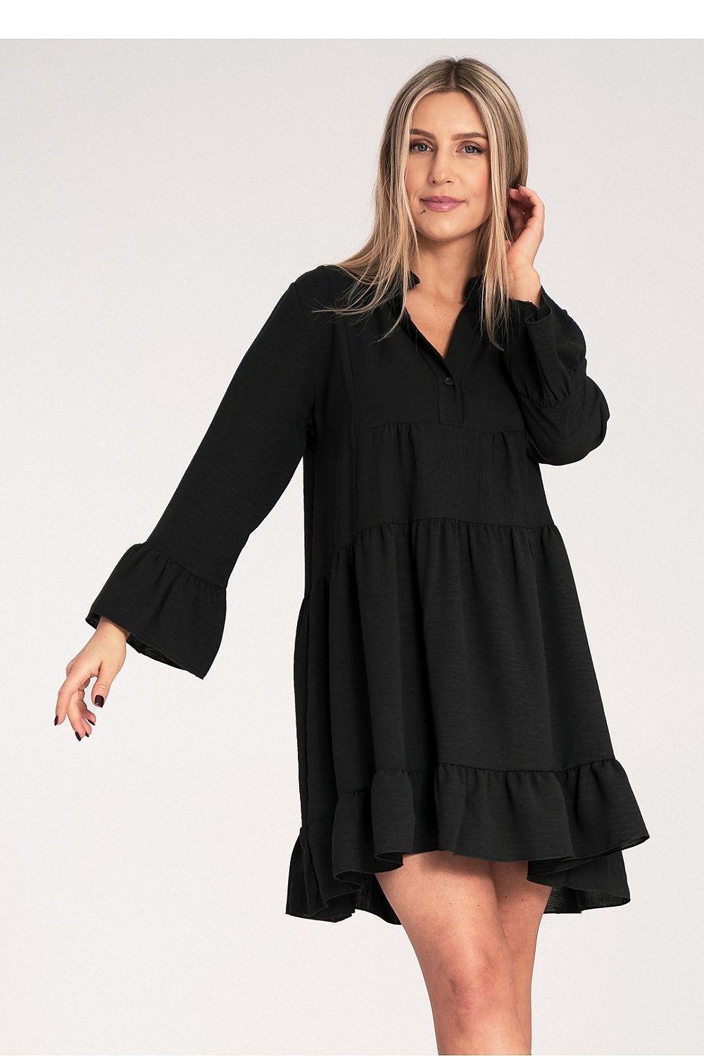 Black tiered daydress with V-neck and long sleeves, ruffled tiered skirt