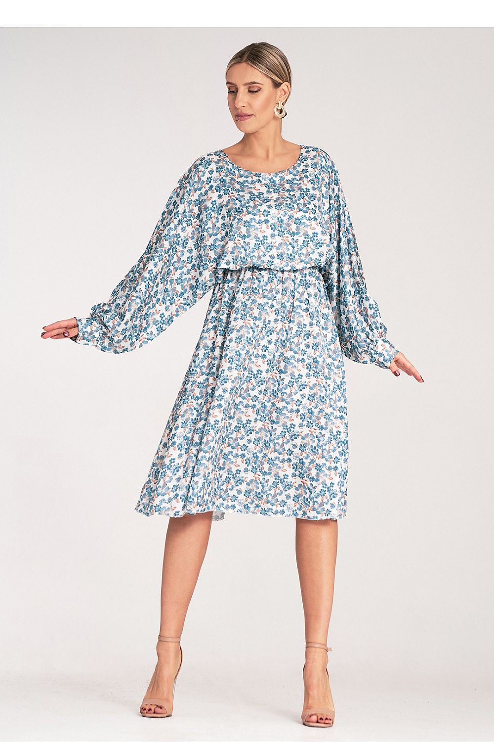 Floral satin midi dress in light blue with kimono-style sleeves and tiered skirt