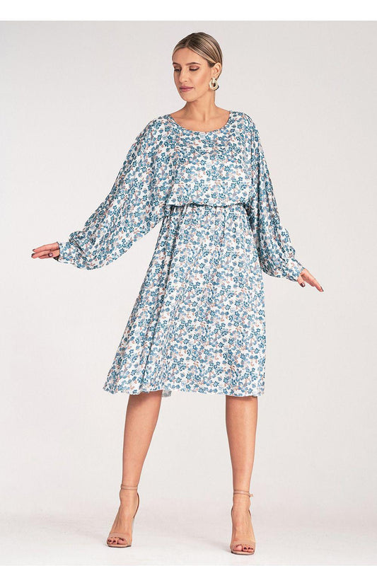 Blue floral daydress with long balloon sleeves and tiered skirt