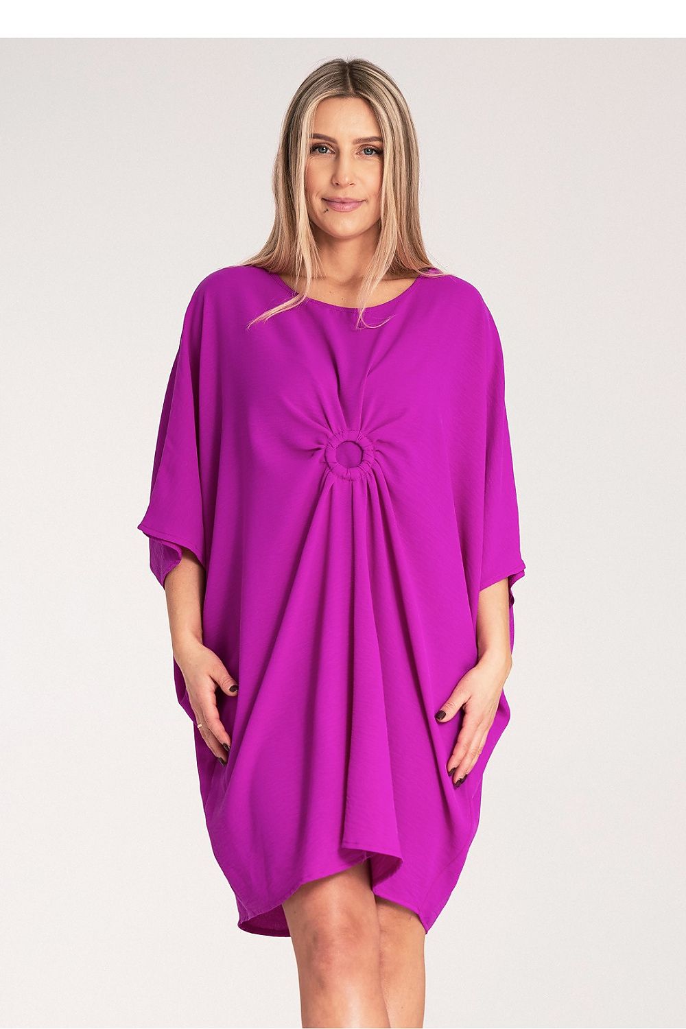 Violet asymmetrical daydress with gathered ruched center and dolman sleeves