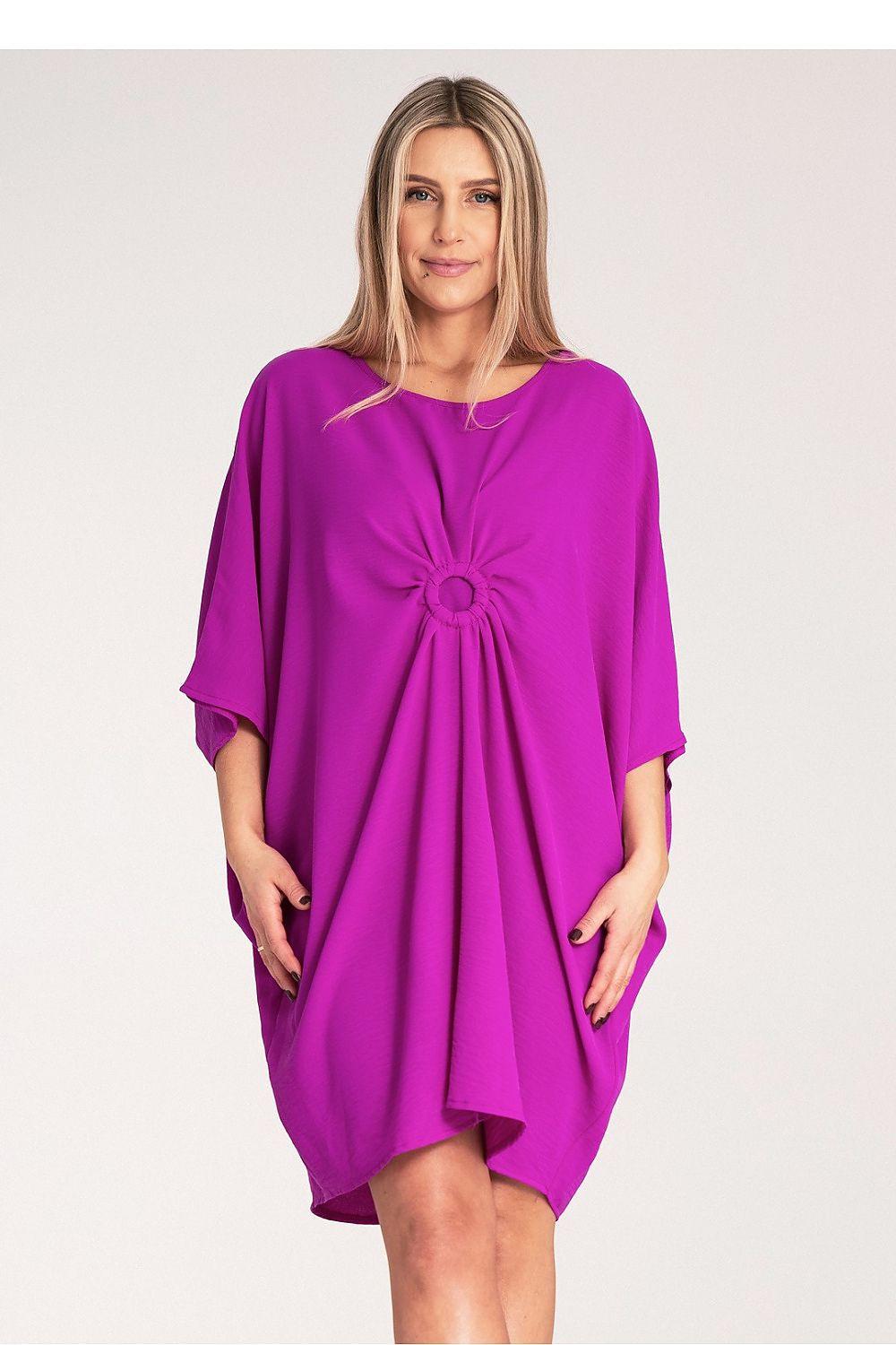 Violet daydress with draped balloon sleeves and gathered rosette at neckline
