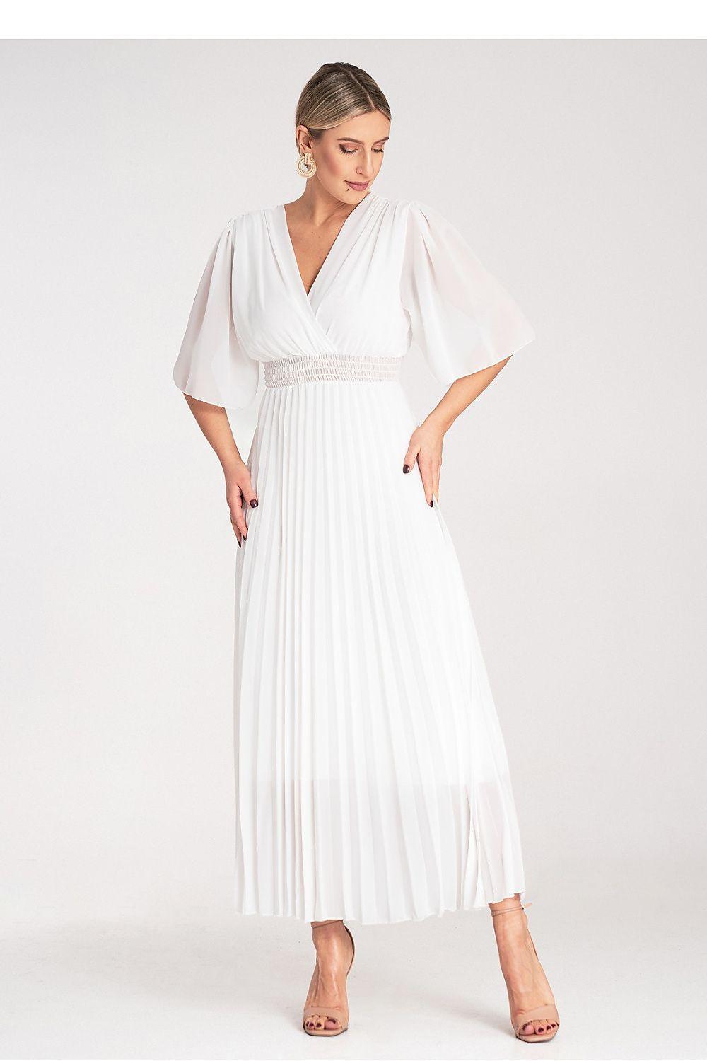 Figl white cocktail dress with V-neck, pleated skirt and short cape sleeves