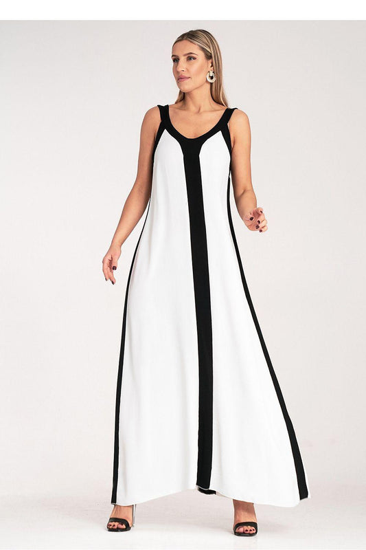 Figl daydress, sleeveless V-neck maxi with black-and-white vertical stripe panels