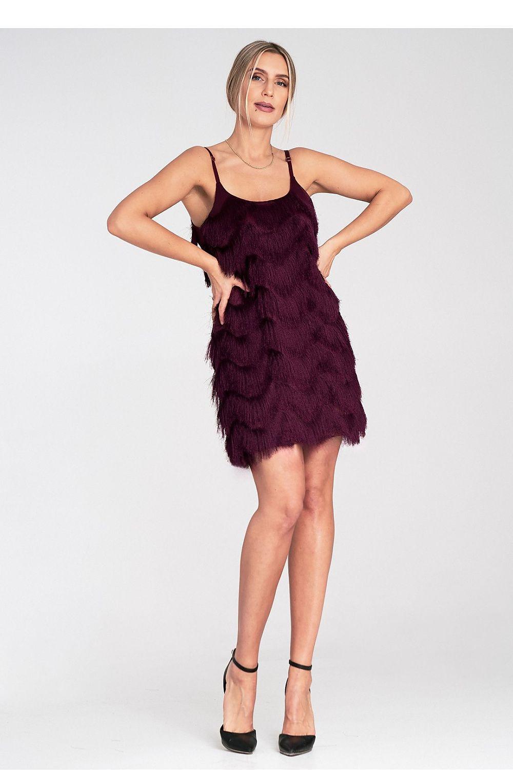 Burgundy fringed mini dress with spaghetti straps, sleeveless, layered feathered hem