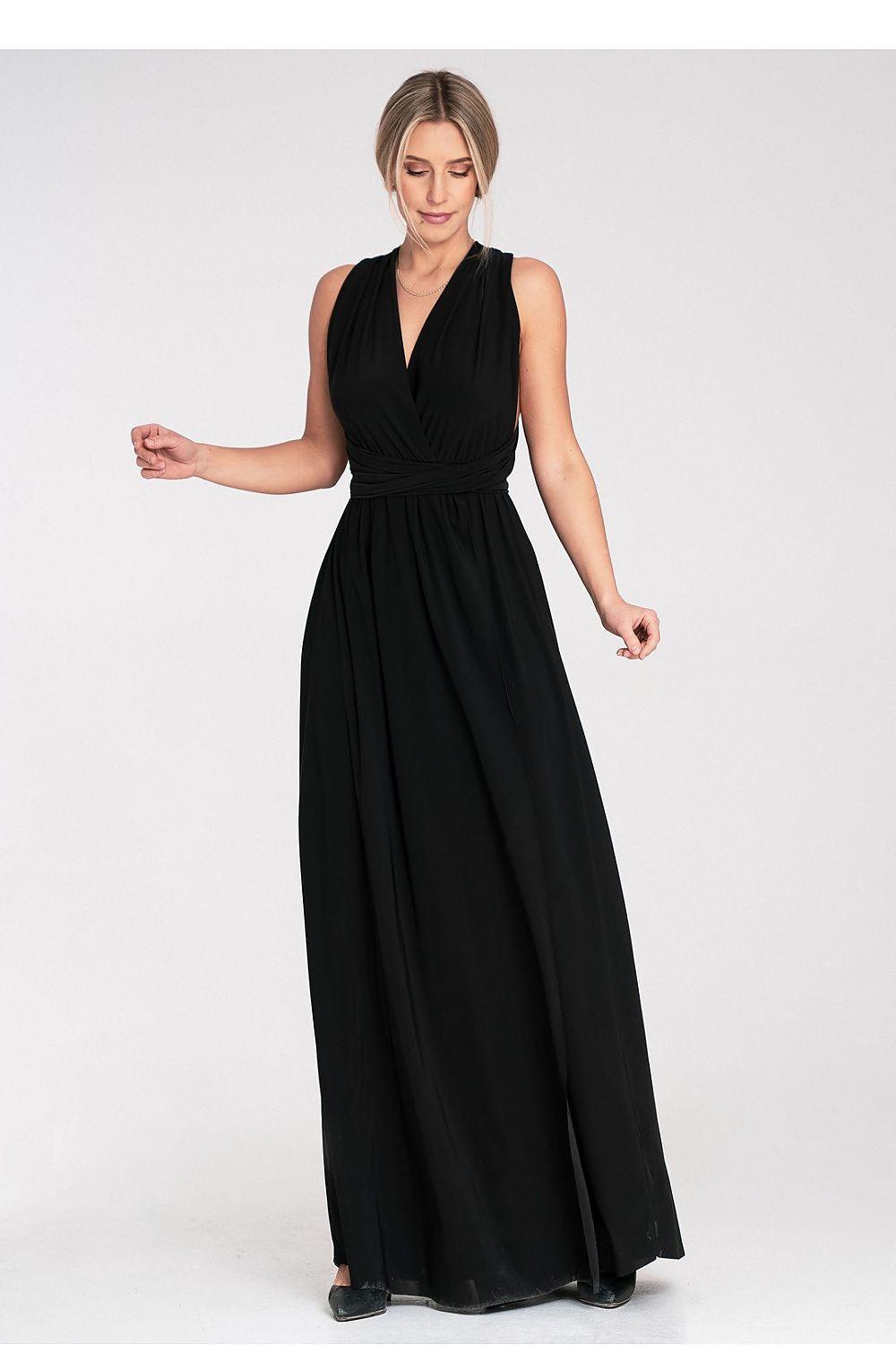 Figl black long sleeveless dress with V-neck, gathered waist and flowing skirt