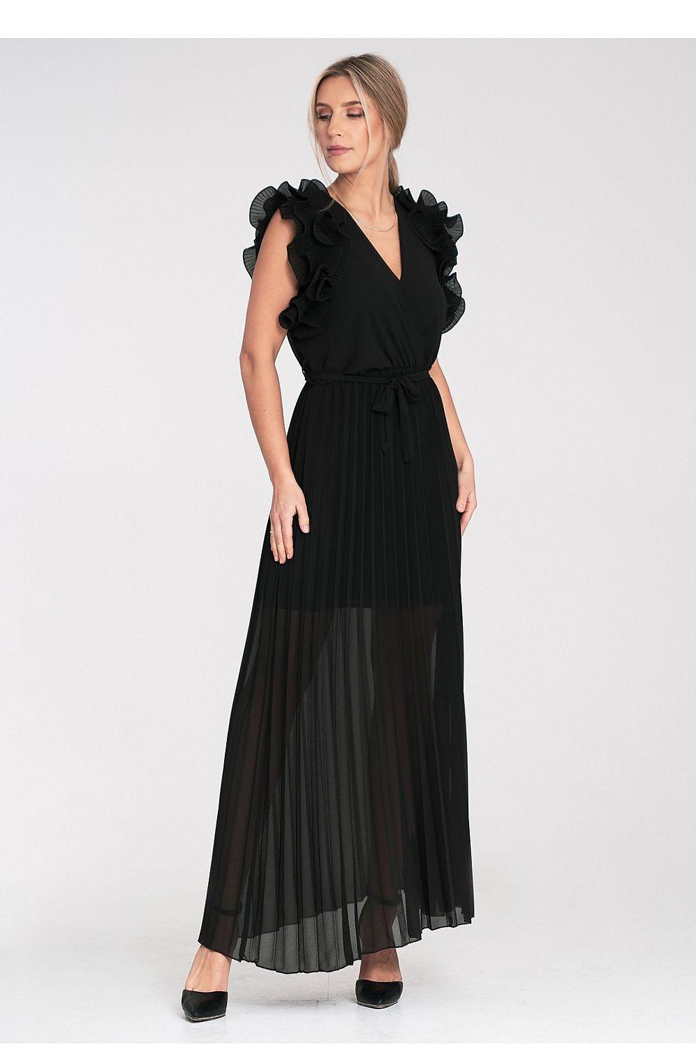 Black maxi dress with ruffle shoulders, V-neck, tie waist, and pleated sheer skirt