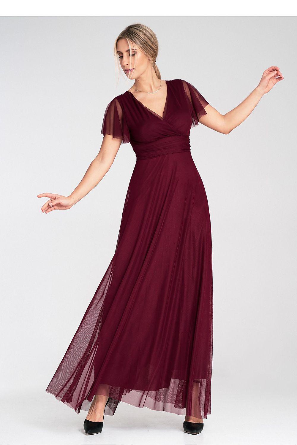 Figl long dress in burgundy with V-neck and short flutter sleeves, flowing tulle hem
