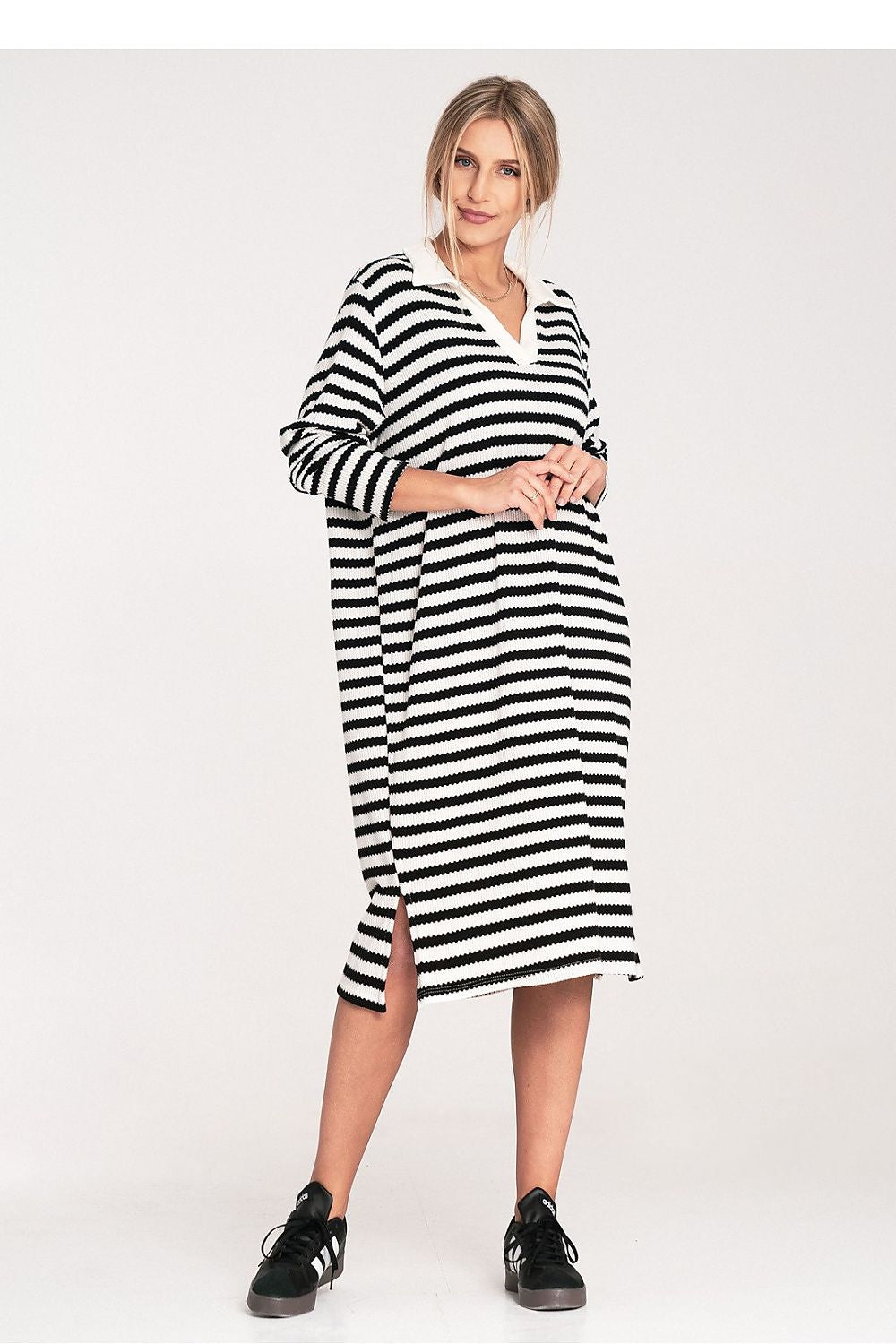 Striped knitted daydress with collared V-neck, long sleeves, black-and-white