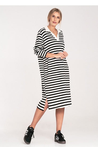 Striped knitted daydress with collared V-neck, long sleeves, side slit, black-and-white