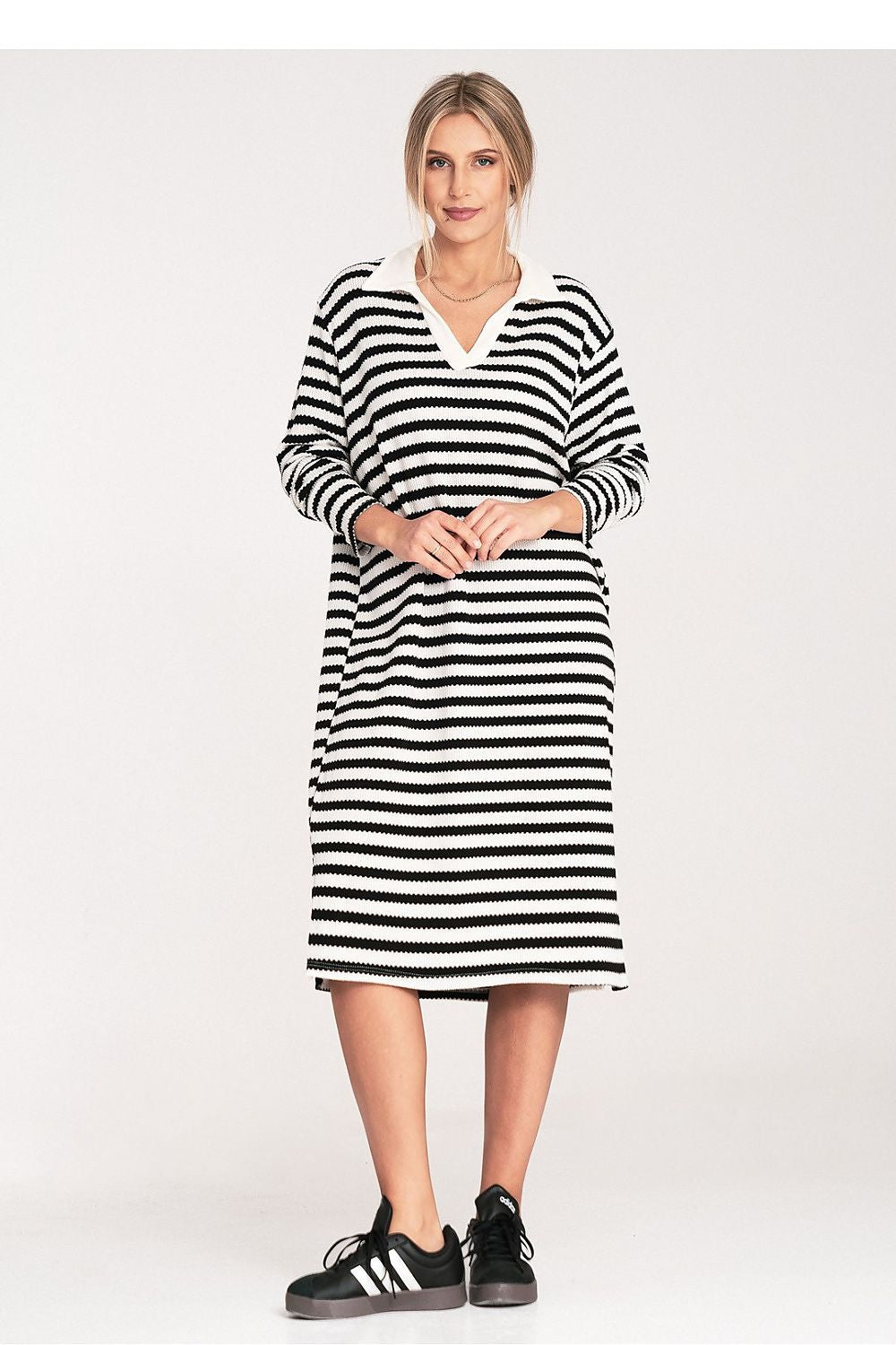 Striped knitted daydress with collared V-neck and long sleeves, black-and-white stripe knit