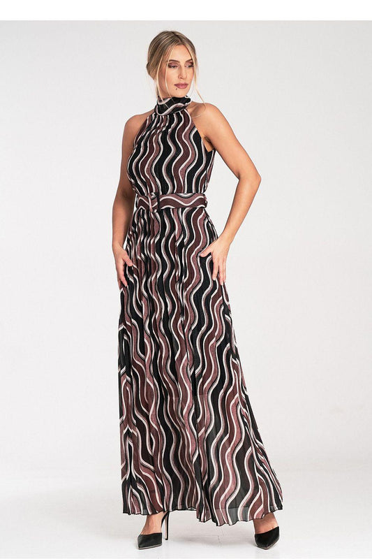 Wavy striped halter maxi dress, black with beige and pink vertical waves