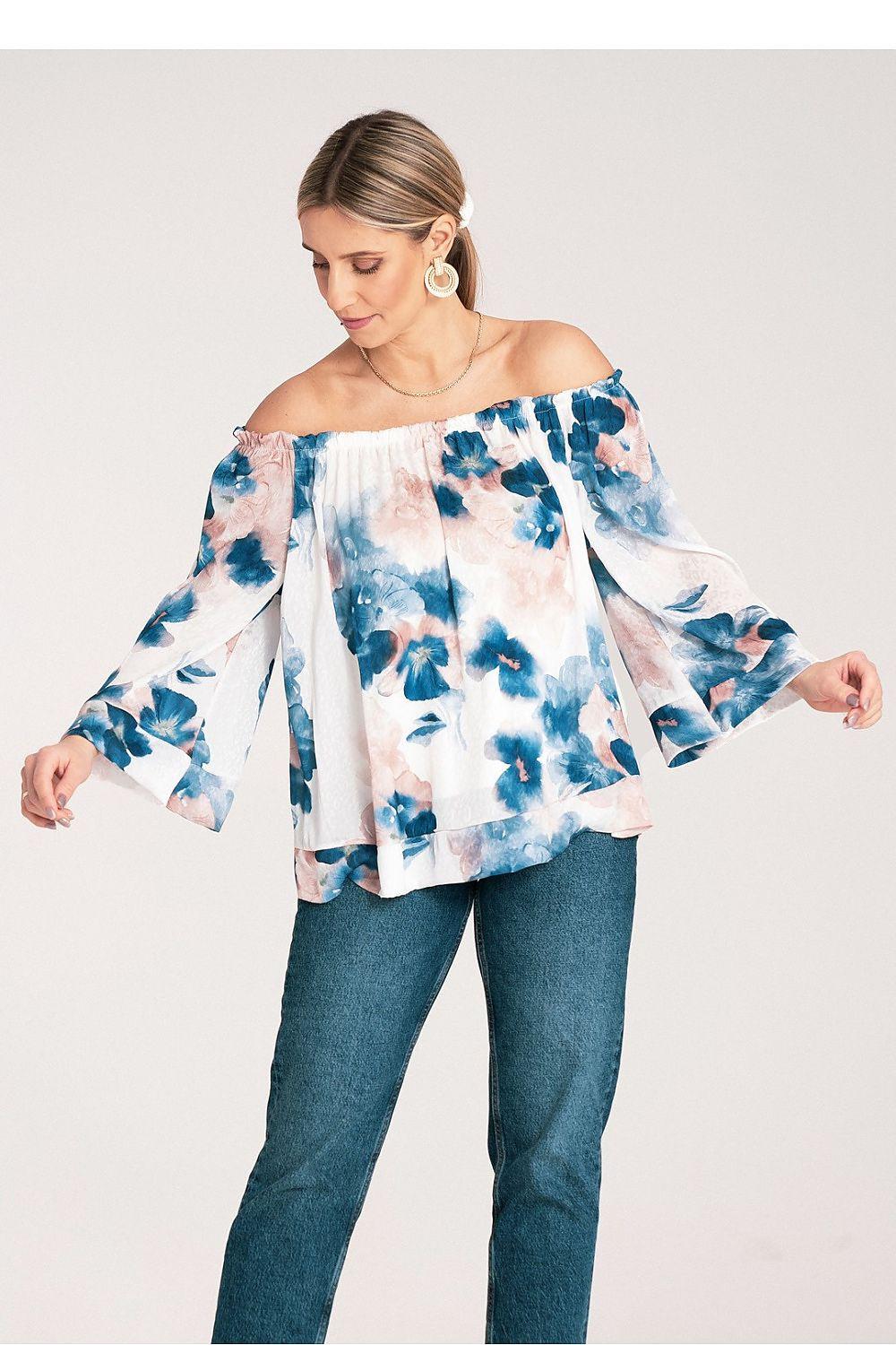 Off-shoulder floral blouse with long flounce sleeves, white base and blue watercolor print