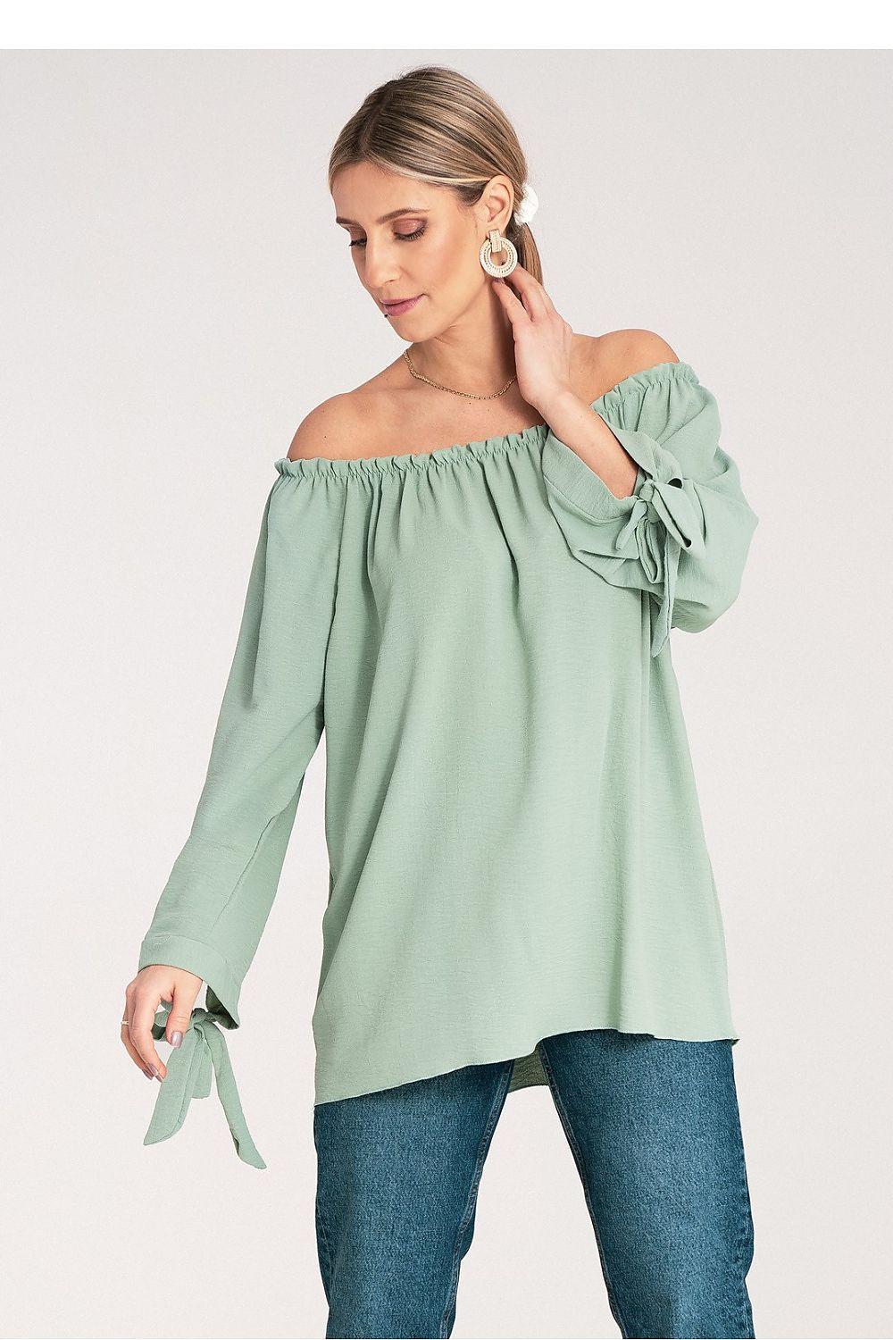 Green off-shoulder blouse with elastic neckline and long sleeves tied at cuffs