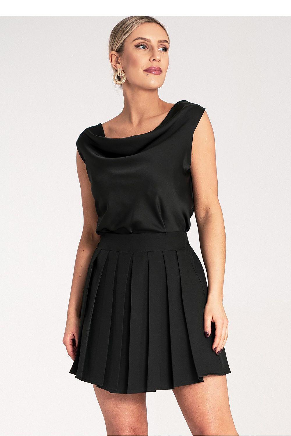 Black satin sleeveless blouse with draped cowl waterfall neckline