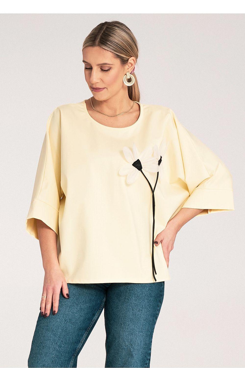 Yellow loose kimono blouse with black floral stem applique, wide sleeves