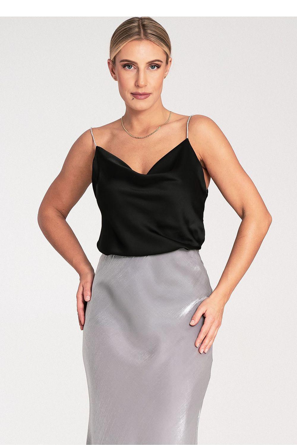 Black satin camisole top with thin straps and V-shaped waterfall neckline