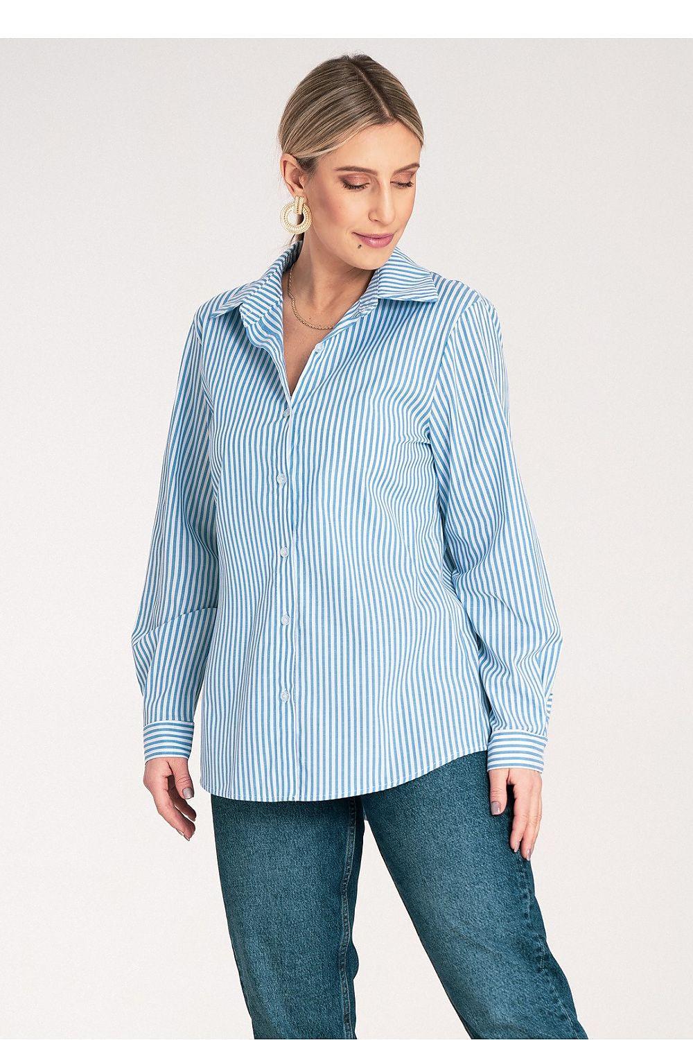 Figl long-sleeve shirt in blue-and-white vertical stripes, button-front, collared