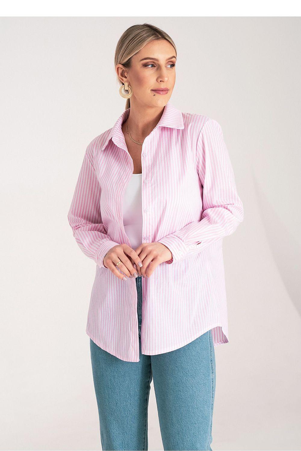 Pink striped long sleeve shirt with button-front, pointed collar, and curved hem