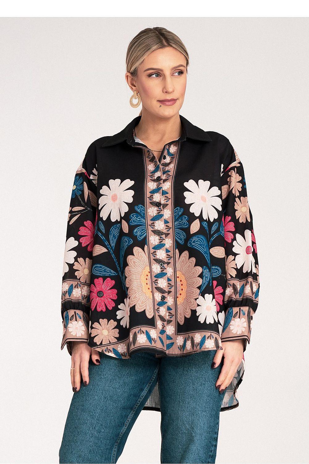 Long sleeve shirt with black floral print, collared zip front, button cuffs