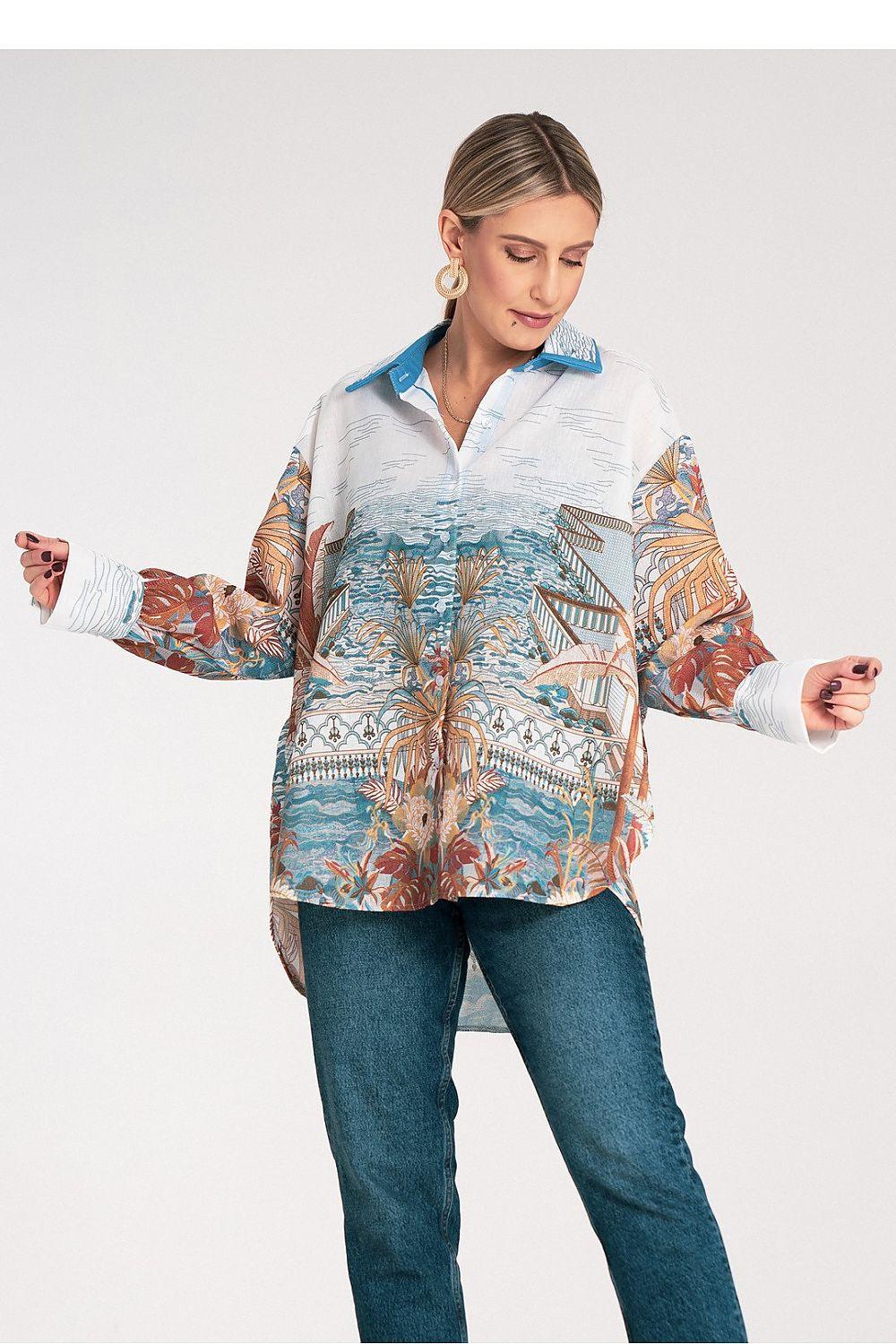 Long-sleeve shirt by Figl, light blue with colorful front print and button collar