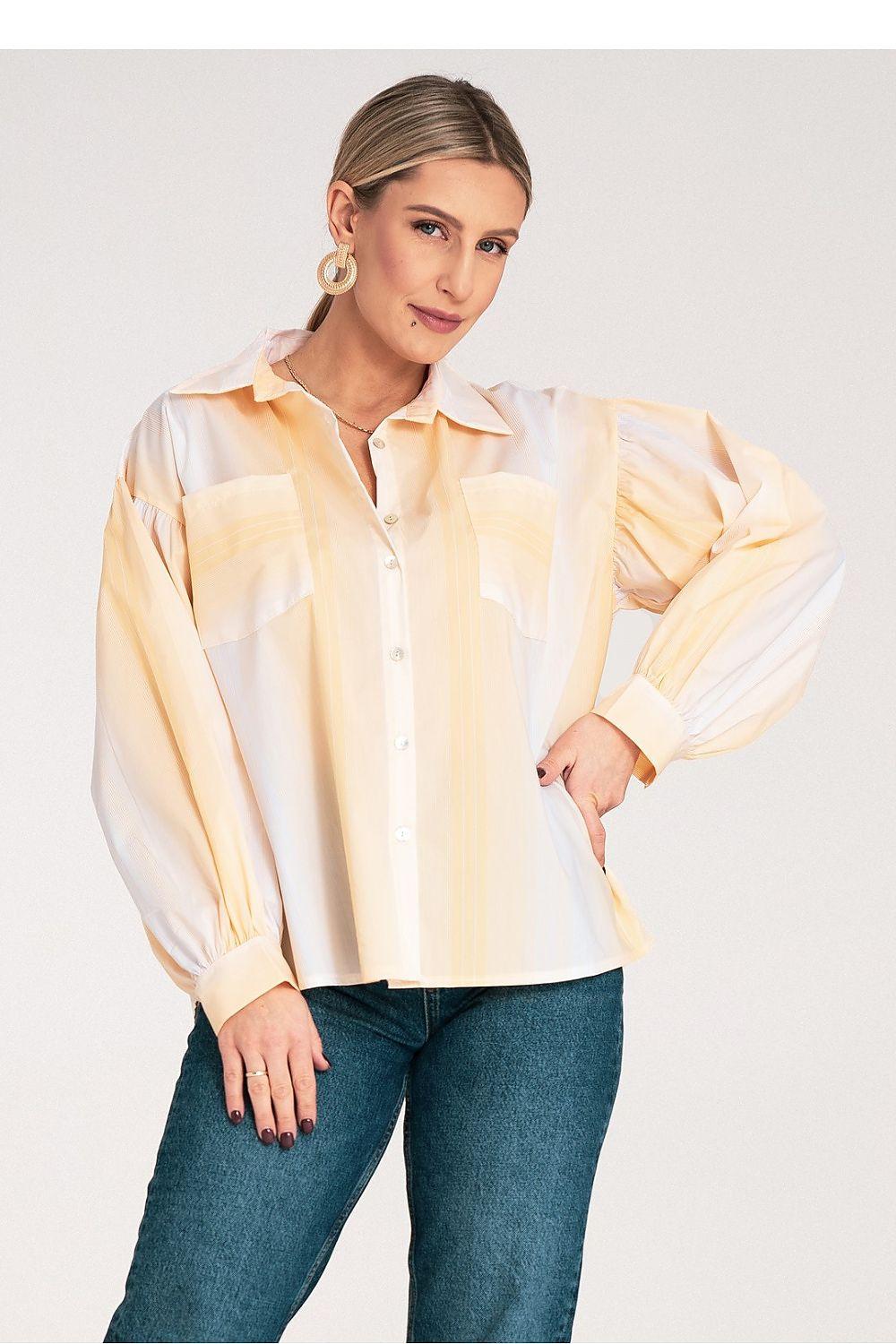 Light yellow striped button-front shirt with voluminous sleeves and chest pocket