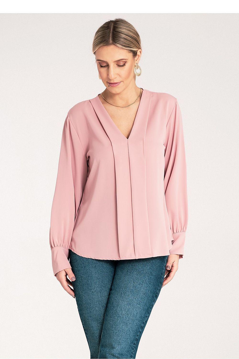 Pink satin V-neck blouse with long sleeves and gathered waist
