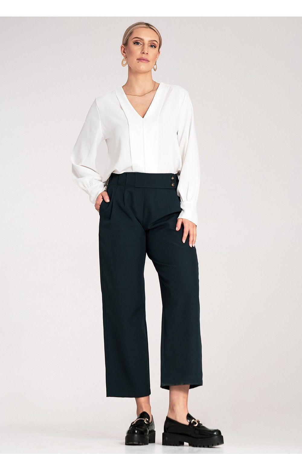Women navy blue wide-leg trousers with high waist and belt loops