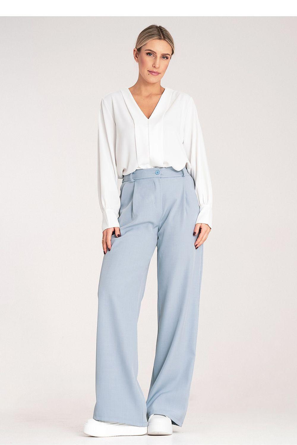 Light blue high-waisted loose-fit trousers with wide legs and front crease
