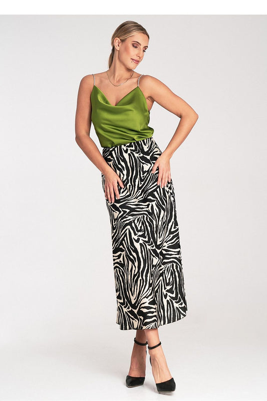Zebra print satin midi skirt with black and white pattern