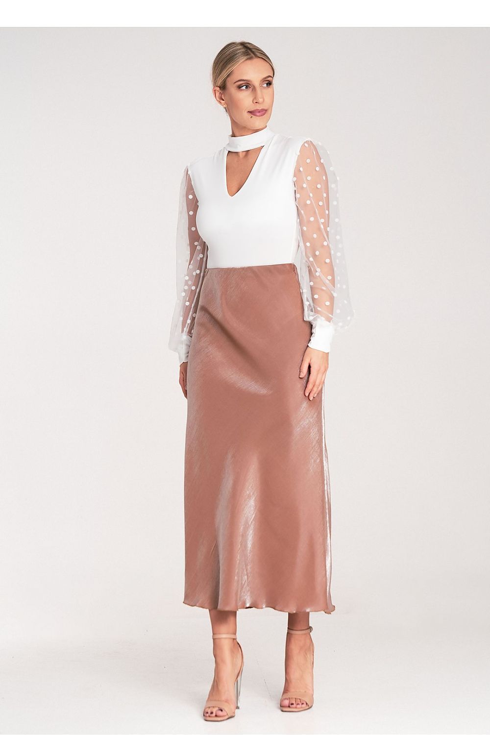 Taupe satin midi skirt with high waist and straight fit