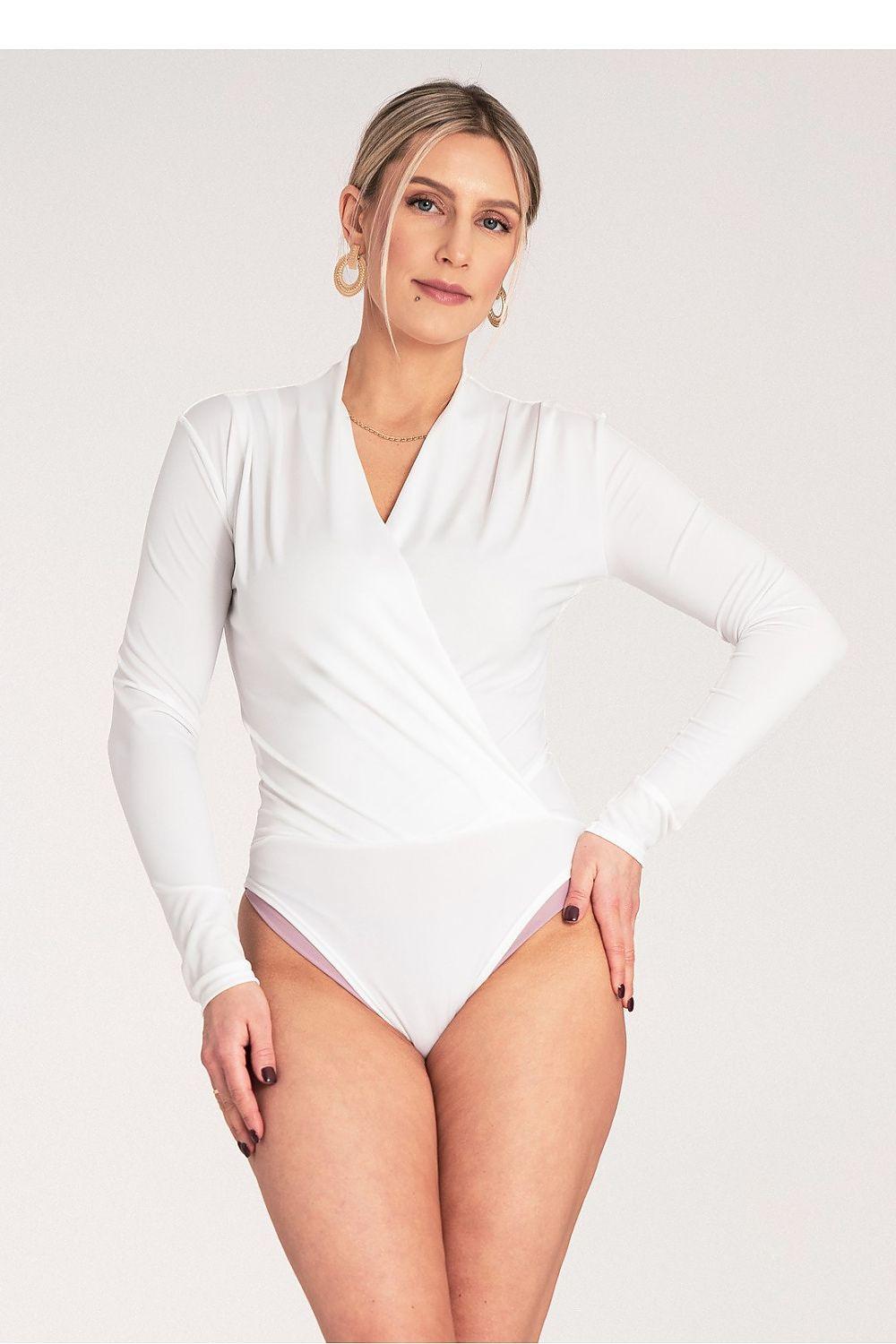 White long-sleeve shapewear bodysuit with V-neck front, fitted high-cut briefs.