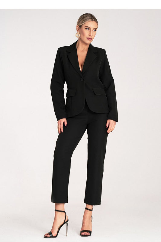 Black women's suit set with blazer jacket and high-waist tailored trousers