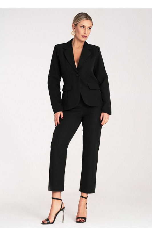 Black blazer and ankle-length trousers set, notched lapels with button closure