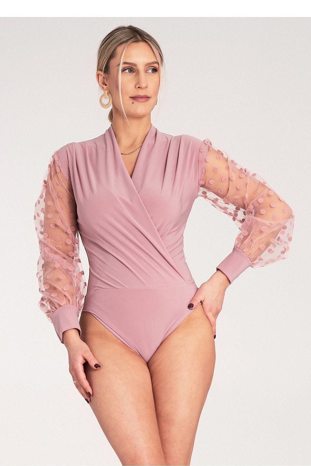 Pink shapewear bodysuit with sheer polka dot tulle sleeves, V-neck wrap front