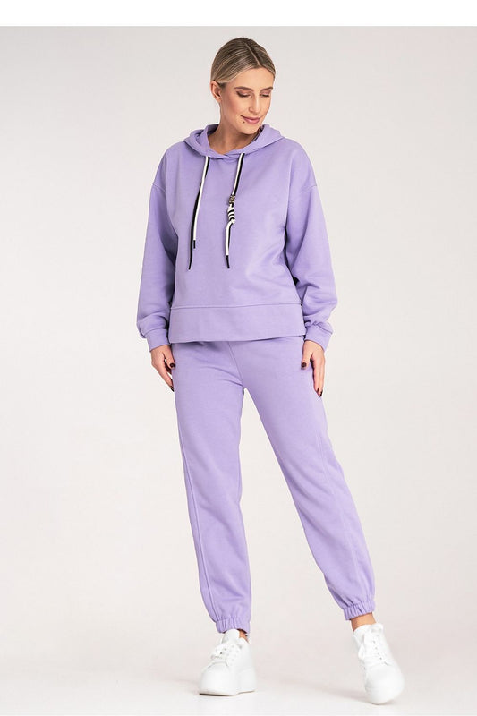 Violet hoodie and pants set, front view, hood and drawstring, matching joggers.