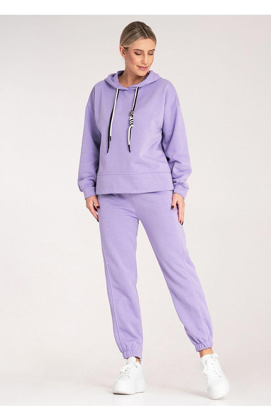 Women's purple hoodie and jogger set with drawstring hood and ribbed cuffs