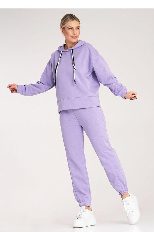Women's purple hoodie and jogger set, drawstring hood, relaxed straight joggers