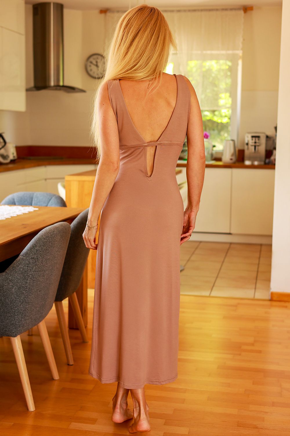 Taupe daydress with open back keyhole strap detail and sleeveless midi length