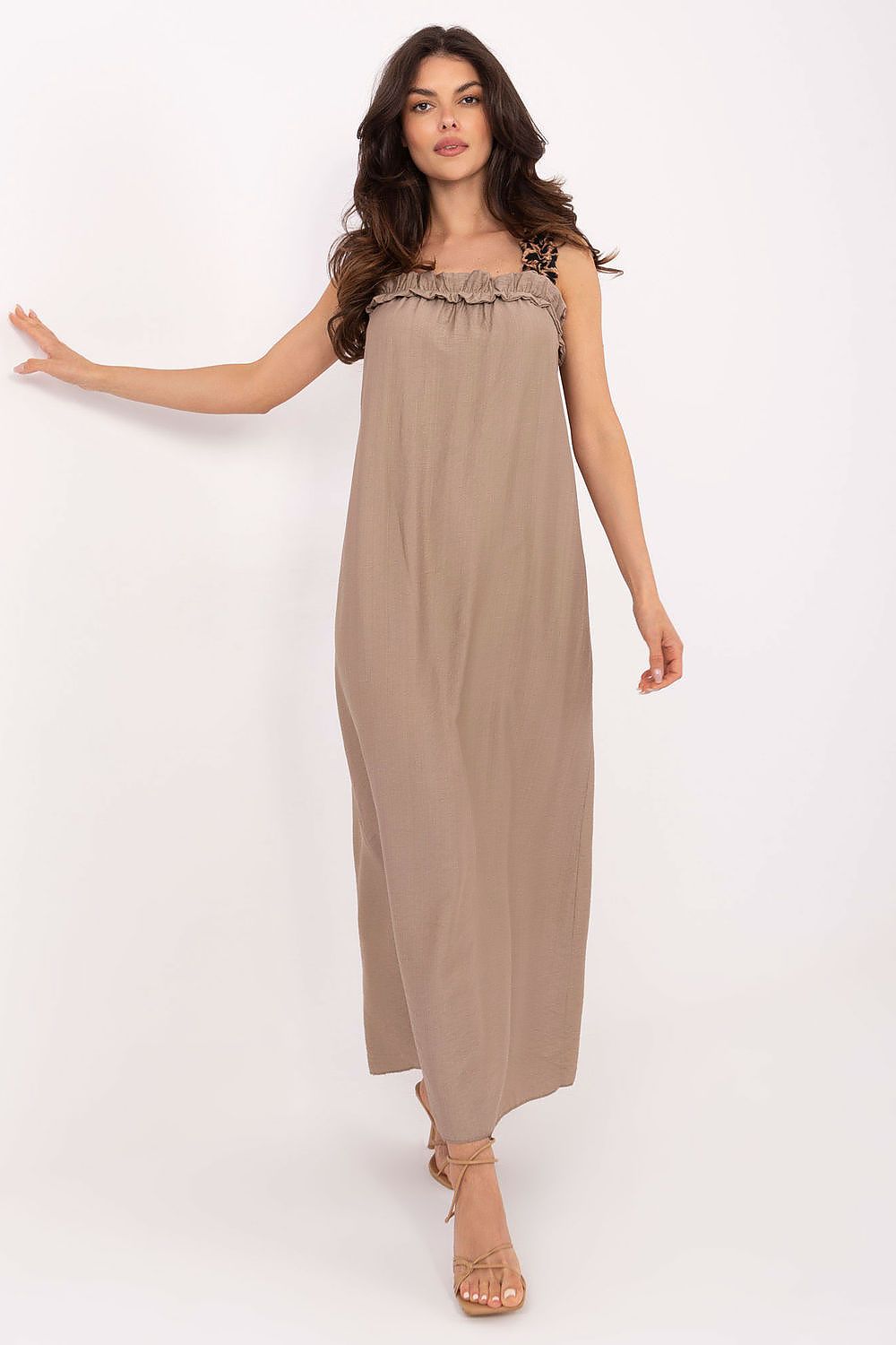 Beige maxi daydress with ruffle neckline and leopard print strap detail