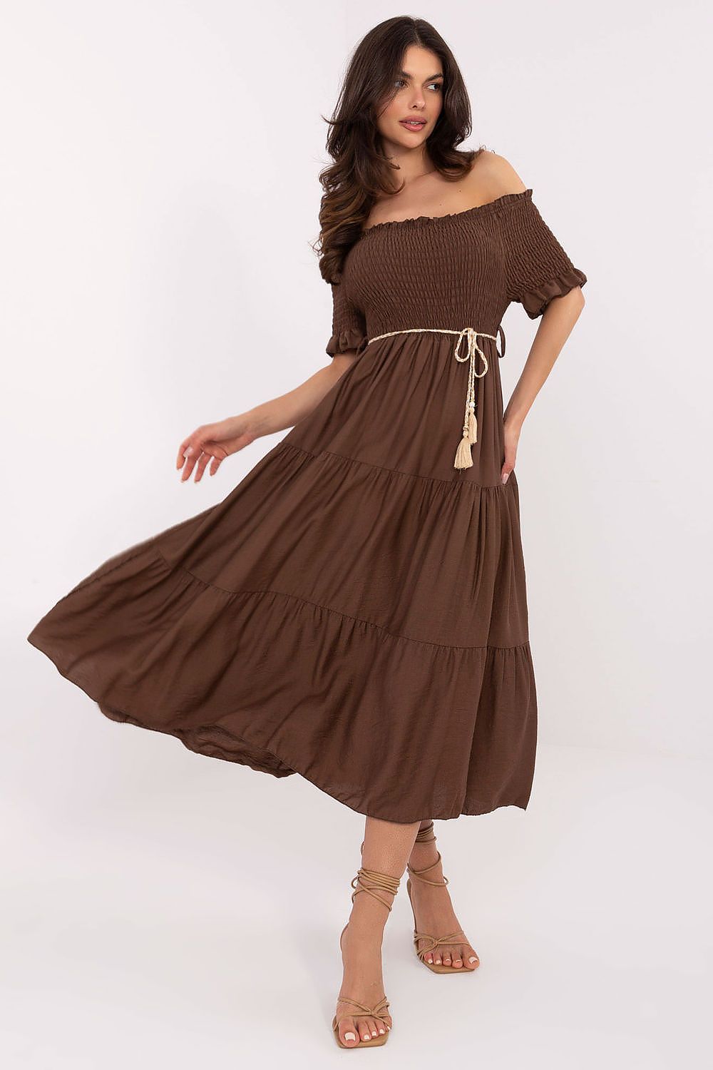 Brown off-shoulder midi dress with tiered skirt and lace-up drawstring waist