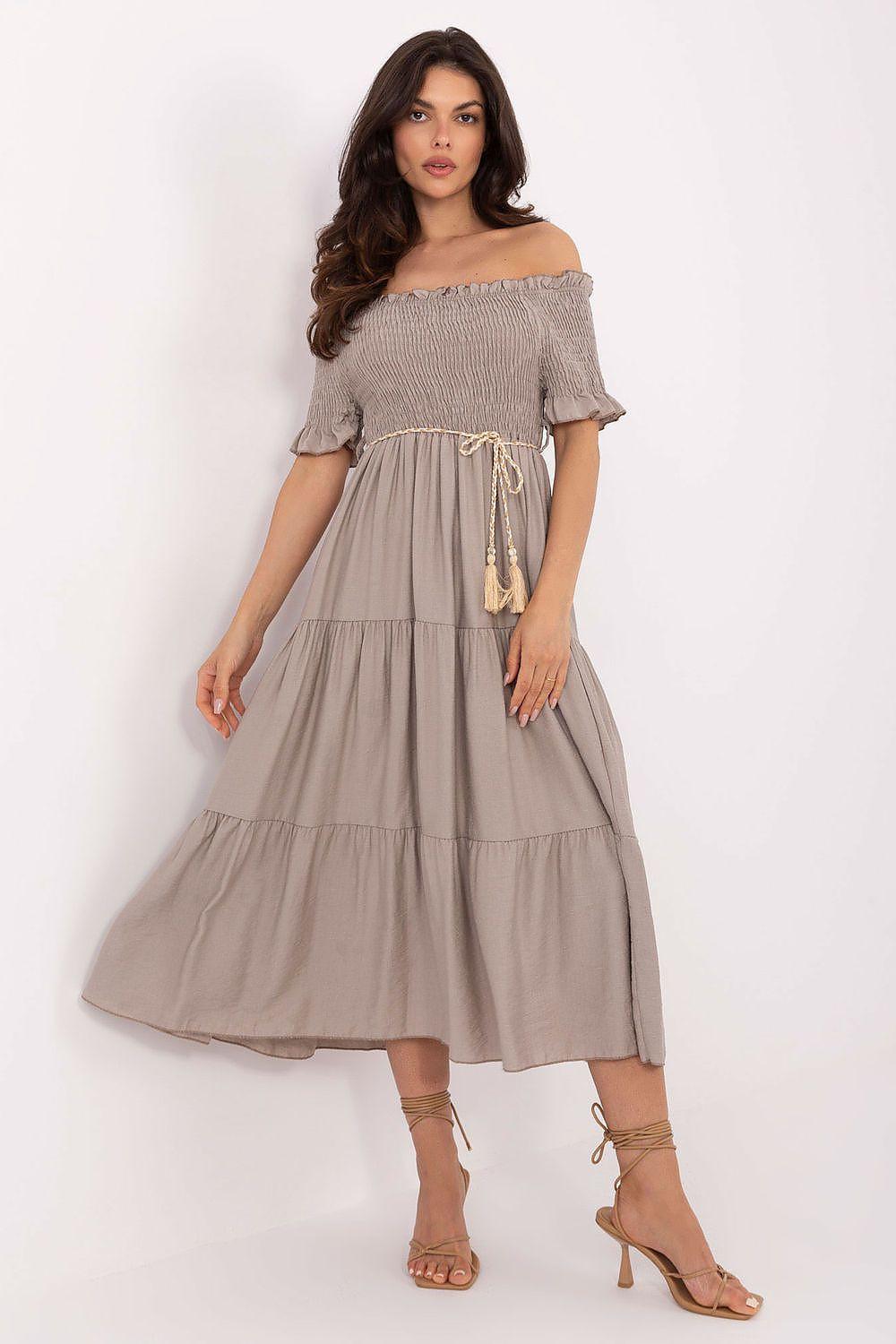 Light gray off-shoulder tiered daydress with lace-up waist tie