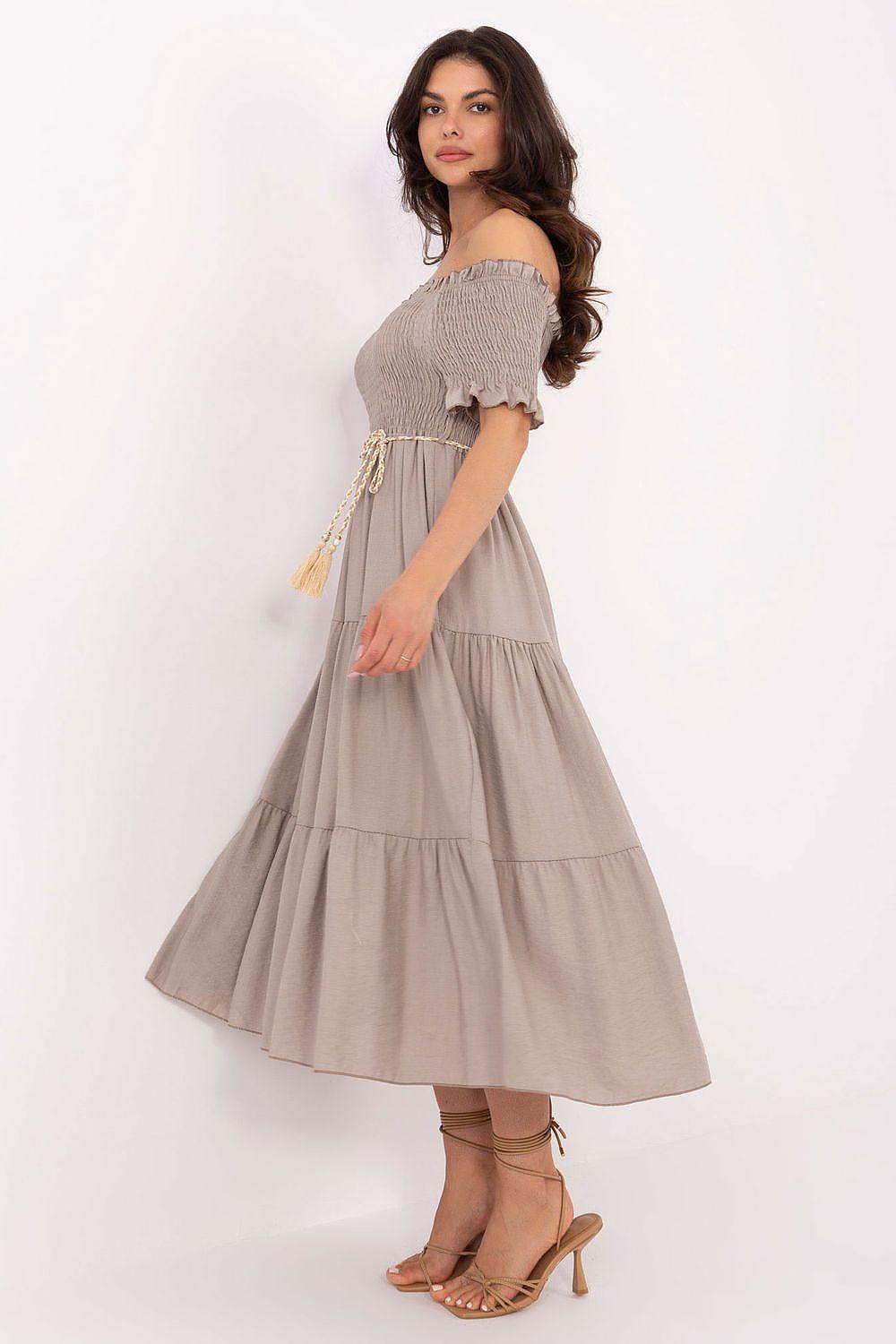 Light gray off-shoulder tiered daydress with tassel drawstring waist